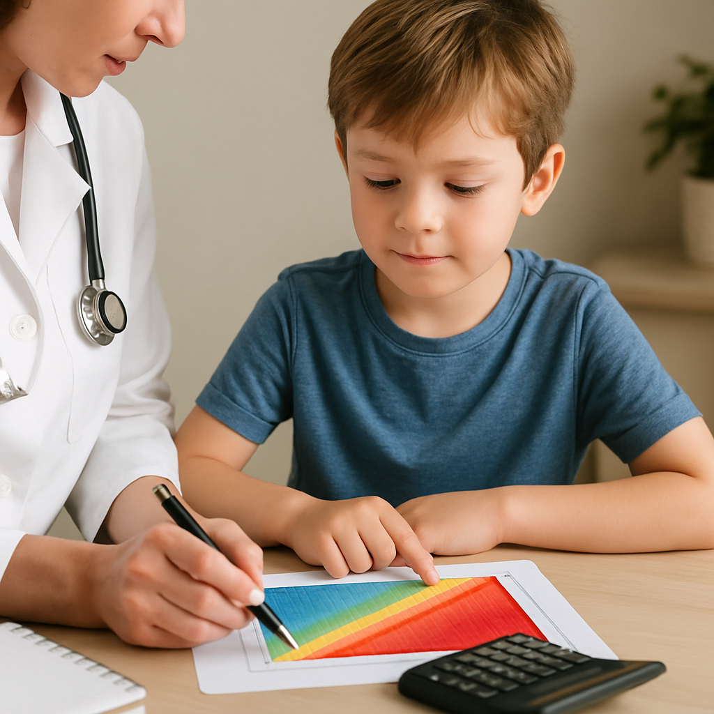 Dziecko w niebieskiej koszulce siedzi przy stole, uważnie obserwując lekarza, który zaznacza dane na kolorowym wykresie. W tle widoczna jest kalkulator i notes, co sugeruje, że rozmawiają o wynikach badań. Atmosfera jest spokojna i przyjazna, co pomaga w budowaniu zaufania między dzieckiem a specjalistą.