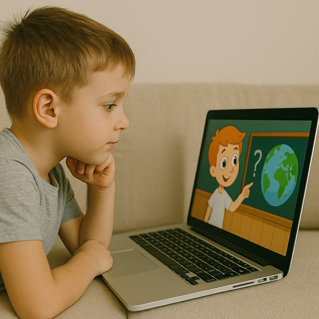 Chłopiec w szarym t-shircie siedzi przy laptopie, z uwagą wpatrując się w ekran. Na wyświetlaczu widoczna jest ilustracja animowanego chłopca wskazującego na glob oraz znak zapytania. Scena odzwierciedla naukę przez Internet i zainteresowanie światem. Kadr przedstawia codzienną sytuację, w której dzieci uczą się zdalnie, rozwijając