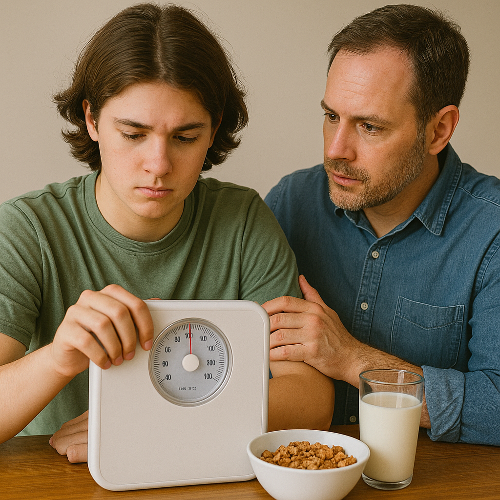 Obraz przedstawia młodego mężczyznę, który z niepokojem spogląda na wagę, trzymaną w rękach, podczas gdy dorosły mężczyzna wspiera go emocjonalnie. Na stole znajduje się miska z płatkami oraz szklanka mleka. Scena odzwierciedla temat zdrowia, odżywiania i relacji rodzinnych, zwłaszcza dotyczących wyzwań związanych z post