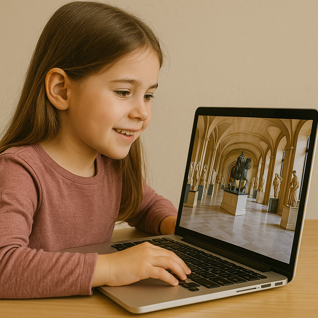 Młoda dziewczynka uśmiecha się, siedząc przy laptopie, na którym wyświetla się zdjęcie muzealnej sali z rzeźbami. Obraz przedstawia przyjemną atmosferę nauki i odkrywania sztuki. Dziewczynka jest zaangażowana w aktywność, co podkreśla znaczenie edukacji i kultury w życiu dzieci. Idealne ujęcie ilustrujące nowoczesne