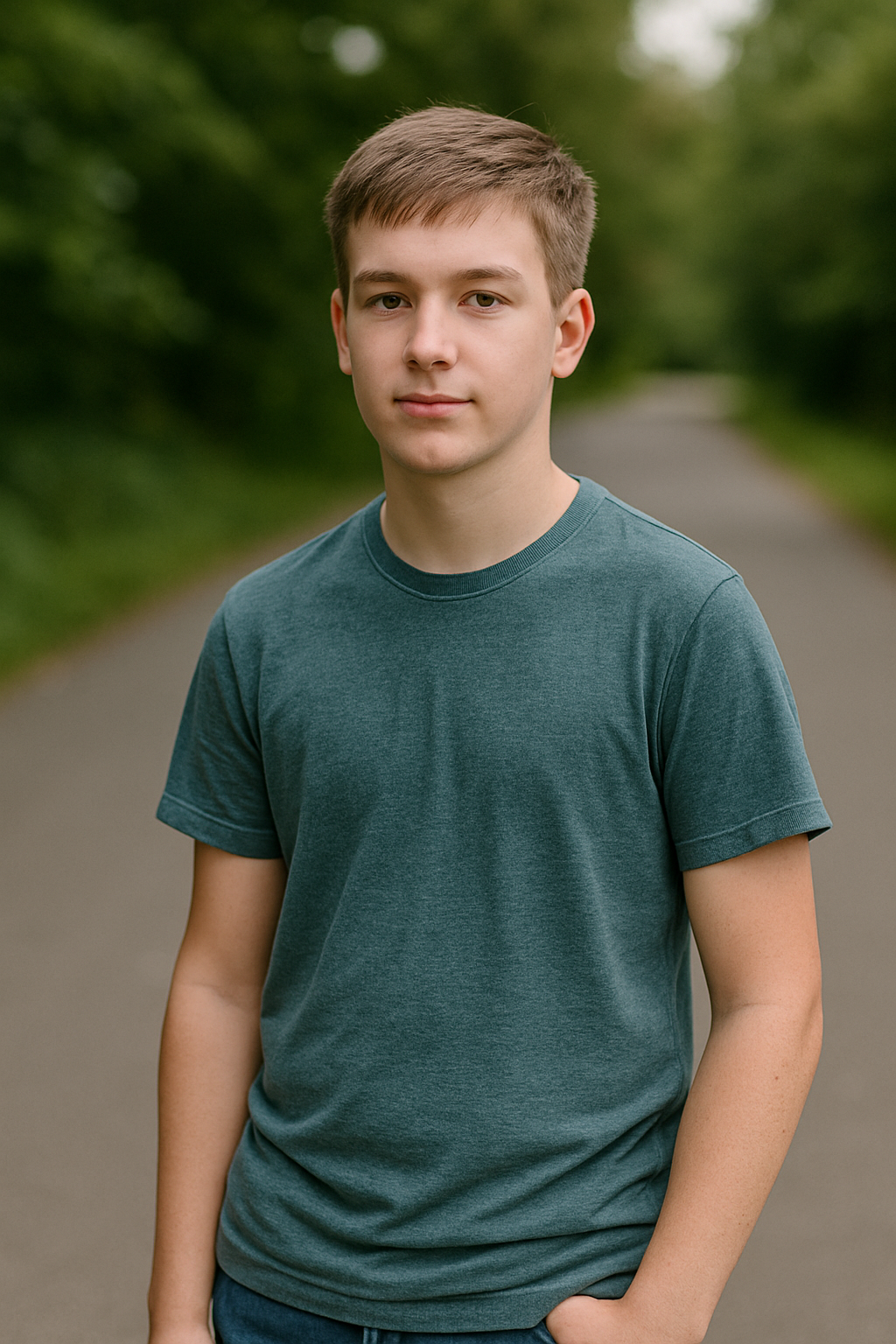 Chłopak w zielonej koszulce stoi na drodze otoczonej zielenią. Jego spojrzenie jest pewne, a postawa naturalna. Tło z drzewami tworzy przyjemną, spokojną atmosferę, idealną do uchwycenia momentu w naturalnym otoczeniu.