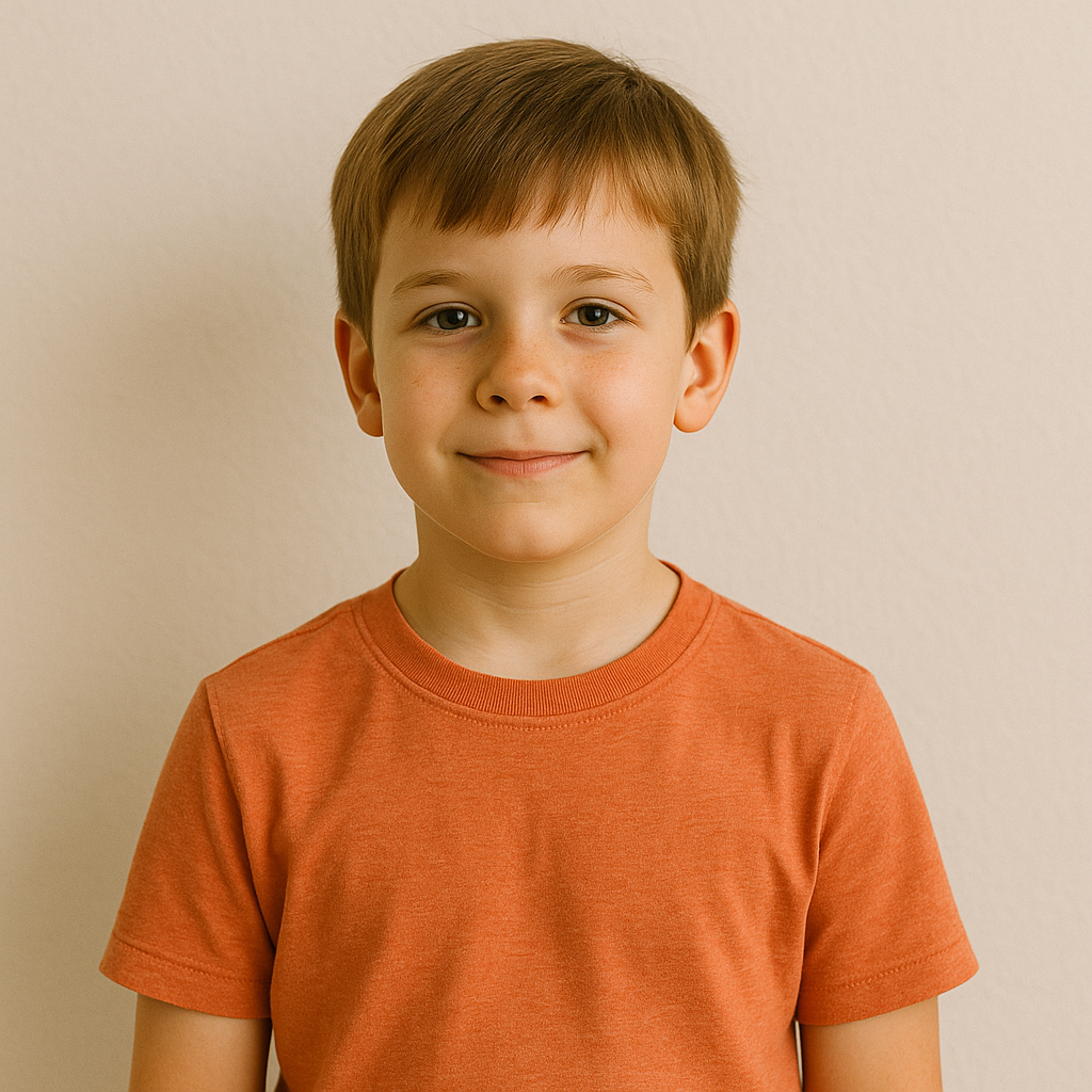 Chłopiec z jasnymi włosami stoi z uśmiechem, ubrany w pomarańczową koszulkę. Tło jest neutralne, co podkreśla jego radosny wyraz twarzy. Obraz idealny do ilustrowania tematów związanych z dziećmi, rodzicielstwem i modą dziecięcą.