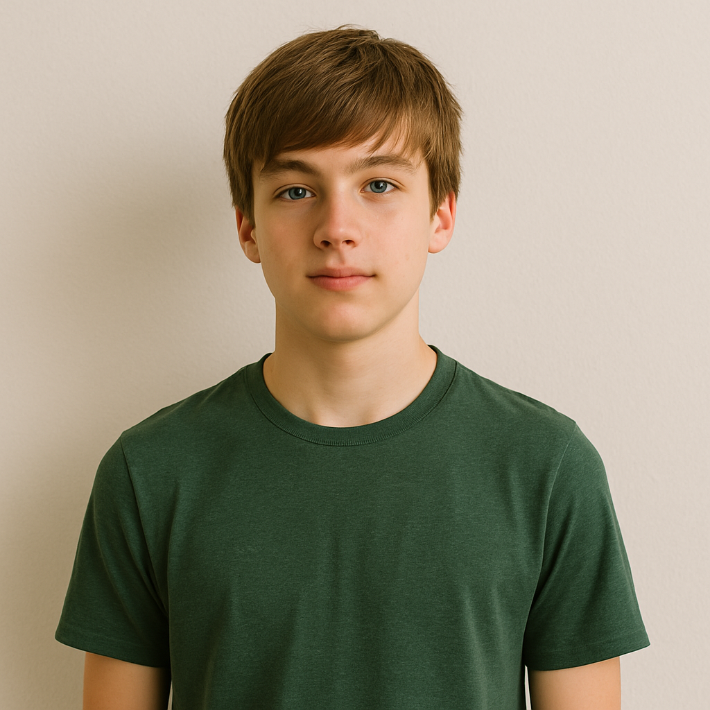 Młody chłopak w zielonym t-shircie stoi na neutralnym tle. Ma jasne włosy i niebieskie oczy, a jego wyraz twarzy jest spokojny i neutralny. Obraz idealny do ilustracji tematów związanych z młodzieżą, modą lub edukacją.