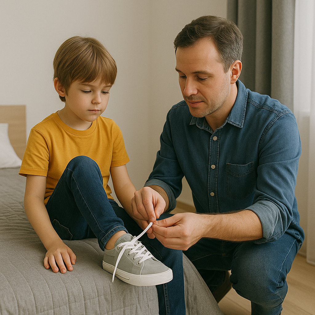 Obraz przedstawia ojca pomagającego synowi w wiązaniu sznurowadeł. Mężczyzna jest skupiony na zadaniu, a chłopiec uważnie obserwuje. Scena rozgrywa się w przytulnym wnętrzu, co podkreśla bliskość i ciepło relacji między rodzicem a dzieckiem. Obaj są ubrani w casualowe stroje, co dodaje codziennego charakteru