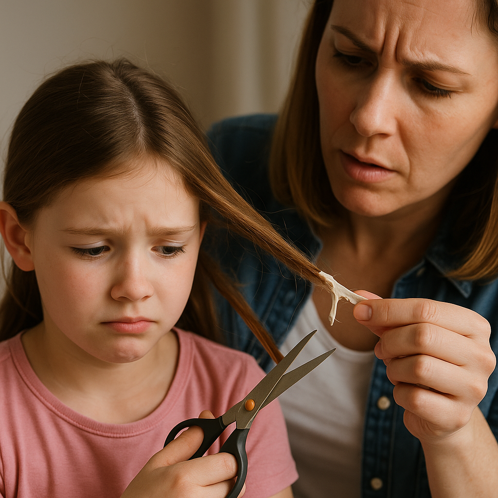 Matka próbuje usunąć gumę z włosów córki, która wygląda na zmartwioną. Scena ilustruje wyzwania związane z codziennymi sytuacjami w dzieciństwie oraz relacjami rodzinnymi.