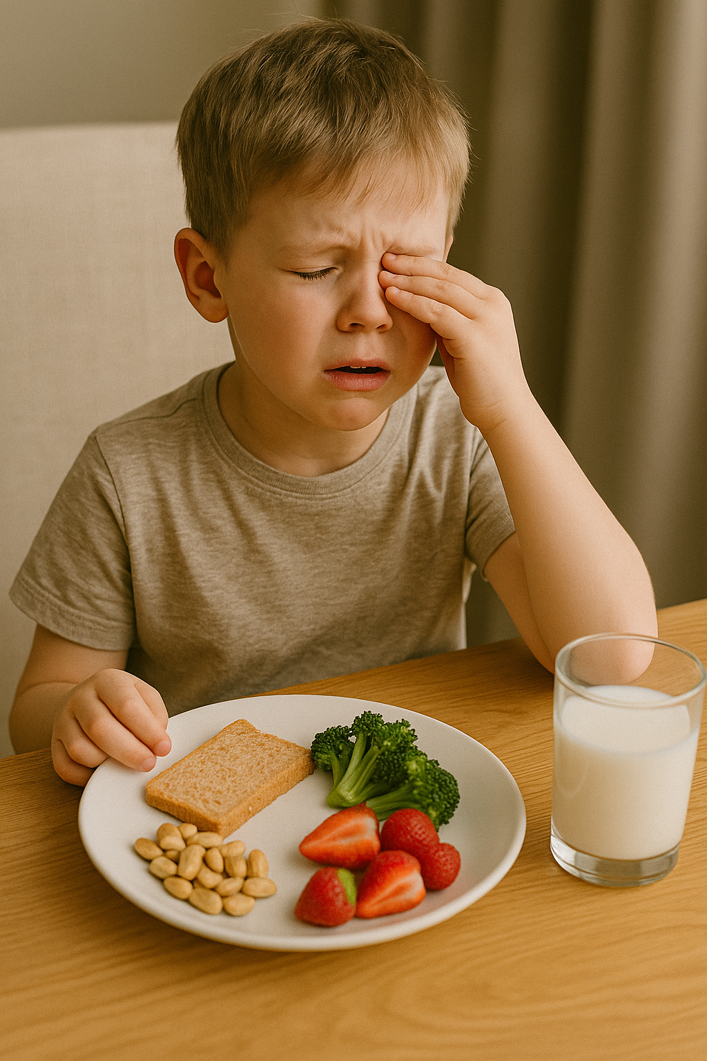 Chłopiec z niezadowoloną miną siedzi przy stole, trzymając dłoń przy twarzy. Na talerzu znajdują się zdrowe przekąski: brokuły, truskawki, wafelek i orzeszki. Obok stoi szklanka mleka. Obraz przedstawia trudności związane z jedzeniem zdrowych posiłków przez dzieci.