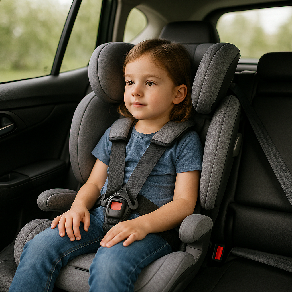 Dziecko siedzące w nowoczesnym foteliku samochodowym, wyposażonym w pasy bezpieczeństwa, w komfortowym wnętrzu auta. Jasne otoczenie za oknem sugeruje spokojną podróż. Fotelik zapewnia wygodę i bezpieczeństwo podczas podróży samochodowych.