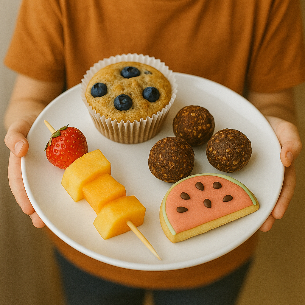 Zdrowa przekąska na talerzu złożona z muffinka z borówkami, owocowego szaszłyka z arbuzem i melonem, truskawek oraz czekoladowych kulek energetycznych. Idealna propozycja dla dzieci i dorosłych, łącząca smaki i kolory, zachęcająca do zdrowego odżywiania.