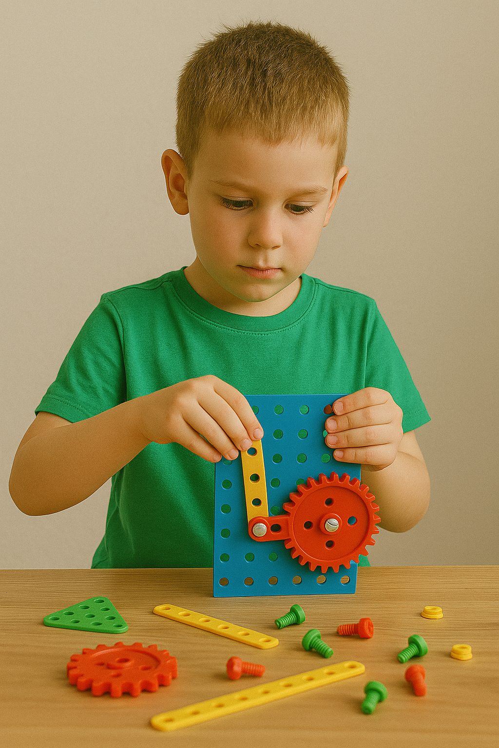 Młody chłopiec bawi się kolorowymi elementami konstrukcyjnymi, tworząc ruchomą maszynę. Na niebieskiej planszy umieszcza zębatkę oraz inne klocki, rozwijając zdolności manualne i kreatywność. Rozstawione wokół niego różnorodne kształty i elementy wskazują na edukacyjną zabawę, wspierającą naukę przez zabawę.