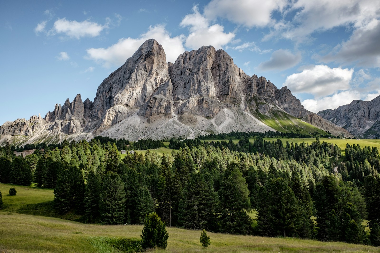 Malowniczy krajobraz Dolomitów z majestatycznymi szczytami górskimi i bujnymi lasami. W tle widoczne są skaliste formacje, a na pierwszym planie zielone łąki i drzewa iglaste. Idealne miejsce na wędrówki i podziwianie natury.