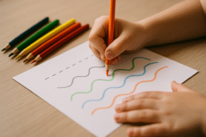 Dziecko rysujące kolorowymi kredkami na białym papierze, z widocznymi falistymi liniami w różnych kolorach. W tle leżą kredki w kolorach zielonym, żółtym, czerwonym i niebieskim.