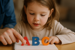 Dziecko bawi się literami A, B, C na stole, ucząc się alfabetu z pomocą dorosłego.
