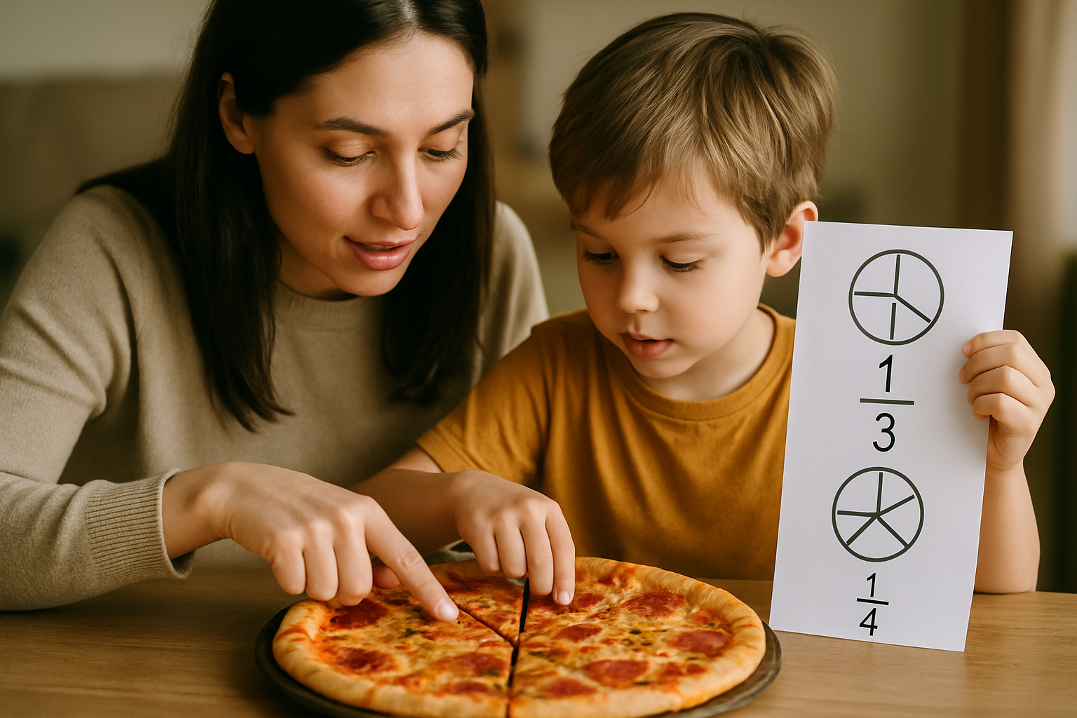 Matka i syn uczą się dzielenia pizzy na części, wskazując na kawałki pizzy oraz ilustracje przedstawiające ułamki 1/3 i 1/4.