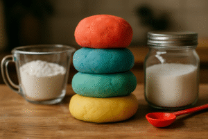 Kolorowe kulki ciastoliny ułożone jedna na drugiej, obok szklanka mąki i słoik z cukrem, na drewnianym blacie. Idealne do zabawy i kreatywnych zajęć dla dzieci.