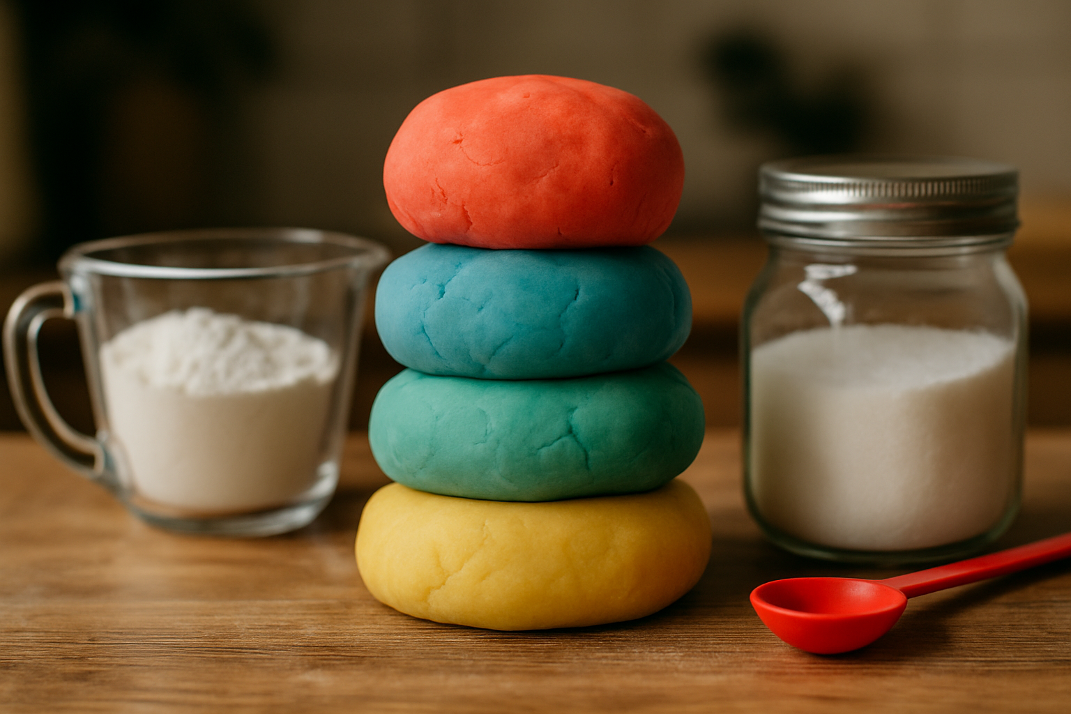 Kolorowe kulki ciastoliny ułożone jedna na drugiej, obok szklanka mąki i słoik z cukrem, na drewnianym blacie. Idealne do zabawy i kreatywnych zajęć dla dzieci.