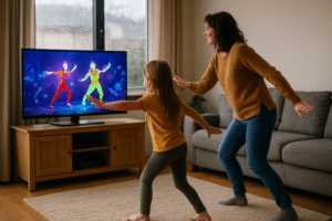 Matka i córka tańczą w salonie przed telewizorem, na którym wyświetlany jest interaktywny program taneczny. Obie są ubrane w wygodne ubrania, a ich ruchy są pełne energii i radości. W tle widać przytulne wnętrze domu, co podkreśla atmosferę rodzinnej zabawy.