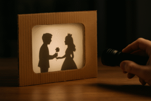 Cień pary trzymającej się za ręce, z mężczyzną wręczającym kwiat kobiecie w koronie, podświetlony latarką, w ramce z tektury.