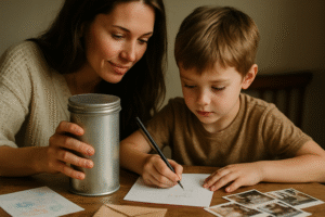 Matka i syn spędzają czas razem przy stole, gdzie chłopiec pisze na kartce, a matka trzyma metalowy pojemnik. W tle widoczne są zdjęcia leżące na stole, co tworzy ciepłą atmosferę rodzinnego spędzania czasu.