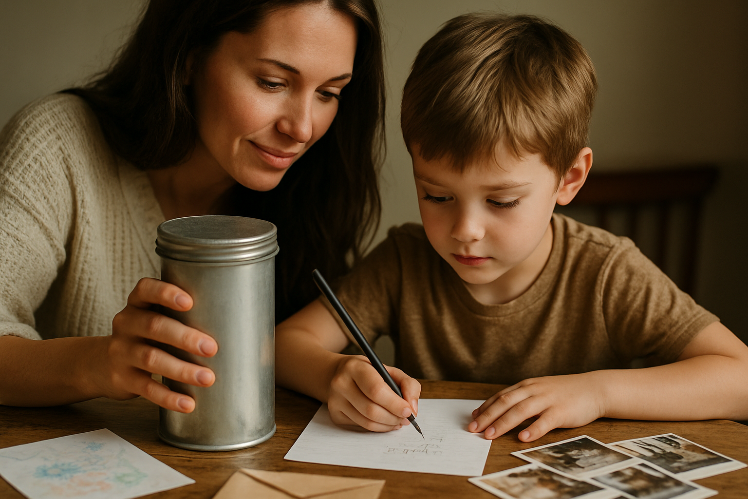 Matka i syn spędzają czas razem przy stole, gdzie chłopiec pisze na kartce, a matka trzyma metalowy pojemnik. W tle widoczne są zdjęcia leżące na stole, co tworzy ciepłą atmosferę rodzinnego spędzania czasu.