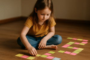 Dziewczynka w żółtej koszulce siedzi na podłodze i układa kolorowe karteczki samoprzylepne w kształt wzoru. W tle widać jasne ściany i drewnianą podłogę.