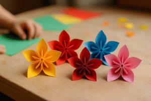 Kolorowe kwiaty z papieru wykonane w technice origami, w odcieniach żółtym, czerwonym, niebieskim i różowym, na drewnianym stole. W tle widoczne kawałki kolorowego papieru. Idealne do dekoracji lub jako inspiracja do kreatywnych zajęć dla dzieci.