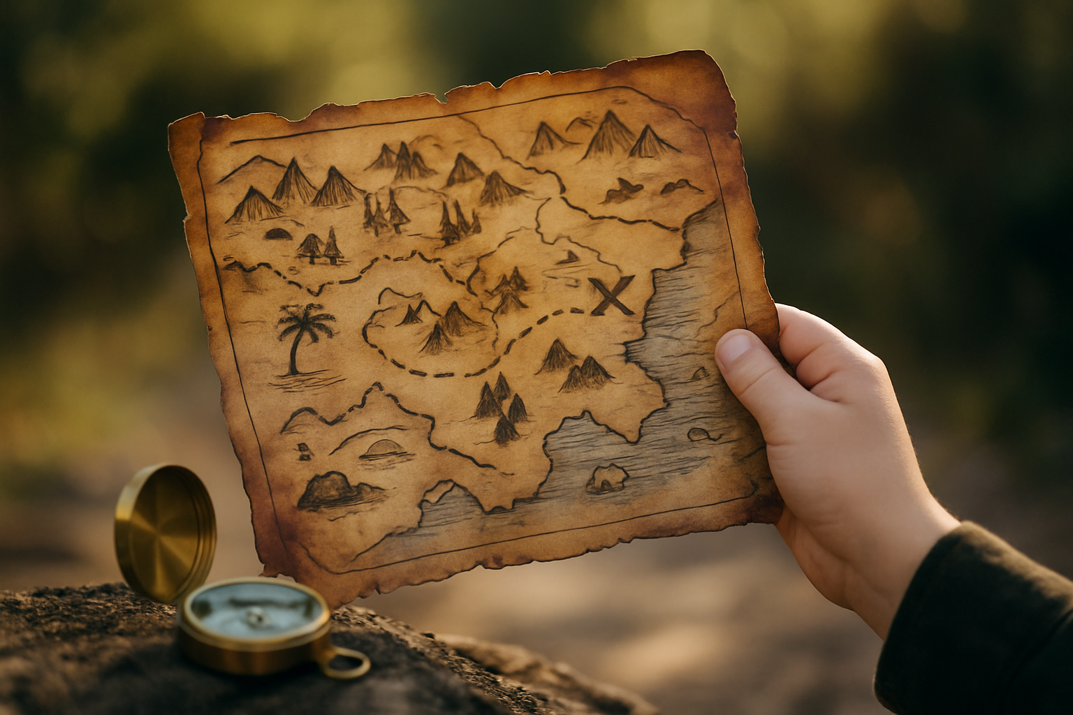 Ręka trzymająca starą mapę skarbów z widocznymi górami, palmami i oznaczeniem miejsca "X" na tle przyrody, obok złotej kompasu.