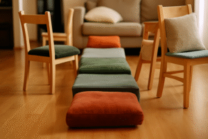 Wnętrze z drewnianą podłogą, na którym znajdują się kolorowe poduszki w odcieniach zieleni i pomarańczy, tworzące ścieżkę między drewnianymi krzesłami. W tle widoczna kanapa z poduszką.