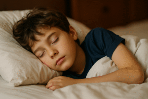 Chłopiec spokojnie śpi na łóżku, opierając głowę na poduszce, z zamkniętymi oczami. W tle widoczne są białe pościele, co tworzy przytulną atmosferę.