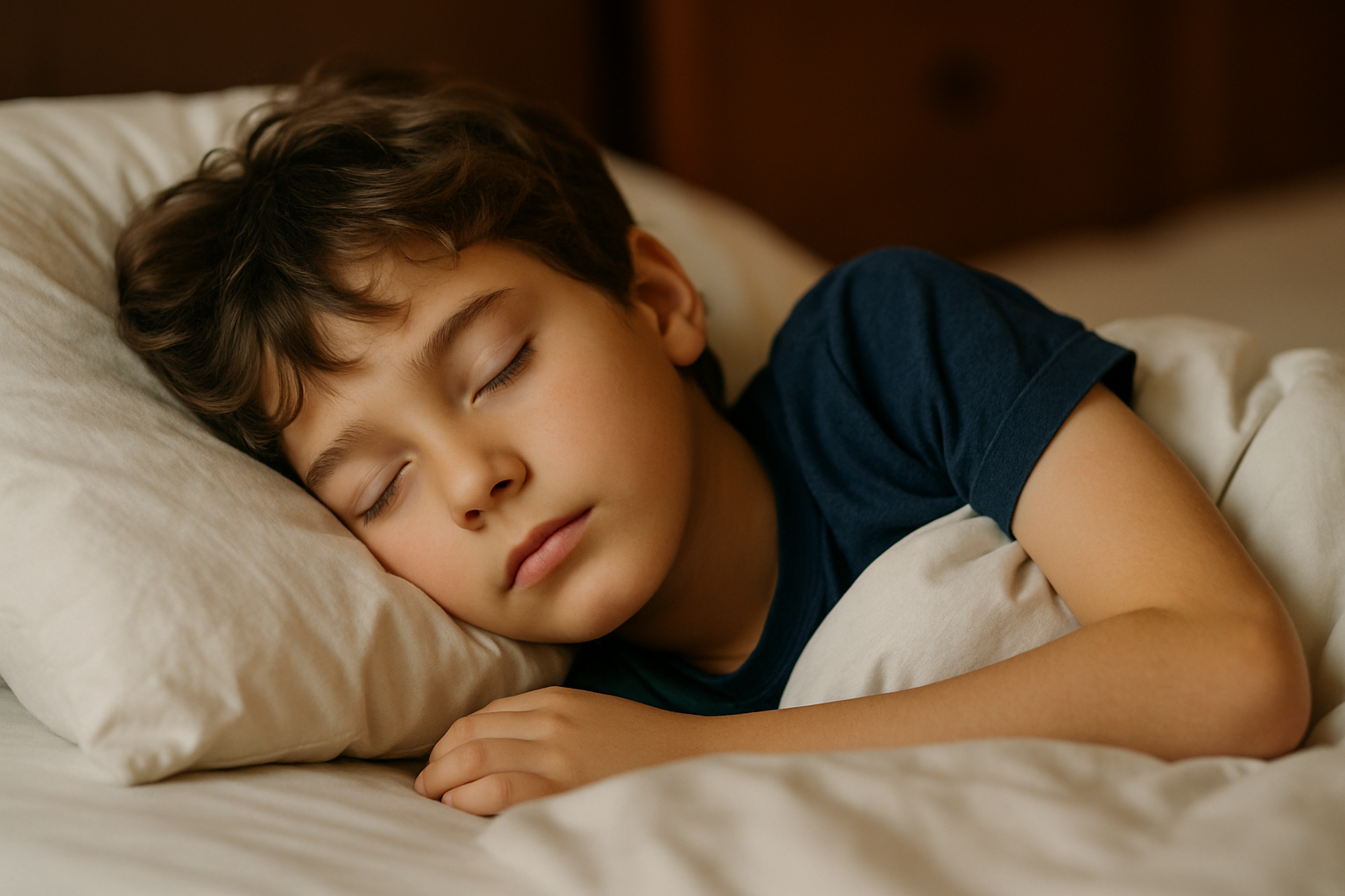 Chłopiec spokojnie śpi na łóżku, opierając głowę na poduszce, z zamkniętymi oczami. W tle widoczne są białe pościele, co tworzy przytulną atmosferę.