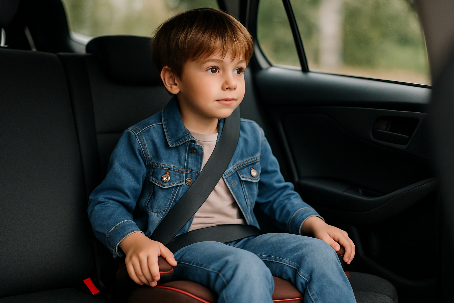 Chłopiec w niebieskiej kurtce dżinsowej siedzi w samochodzie z zapiętym pasem bezpieczeństwa, patrząc przez okno.