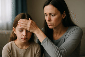 Matka sprawdzająca temperaturę chorej córki, wyrażająca troskę i niepokój. Dziecko siedzi obok, z zamkniętymi oczami, w domowym otoczeniu.