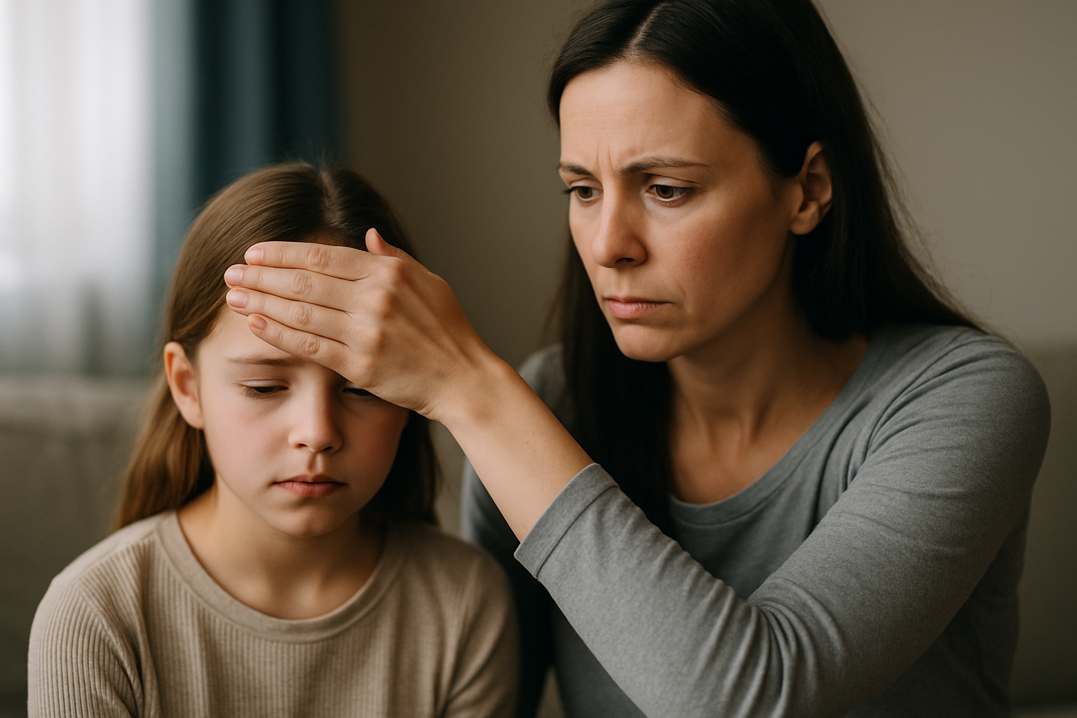 Matka sprawdzająca temperaturę chorej córki, wyrażająca troskę i niepokój. Dziecko siedzi obok, z zamkniętymi oczami, w domowym otoczeniu.
