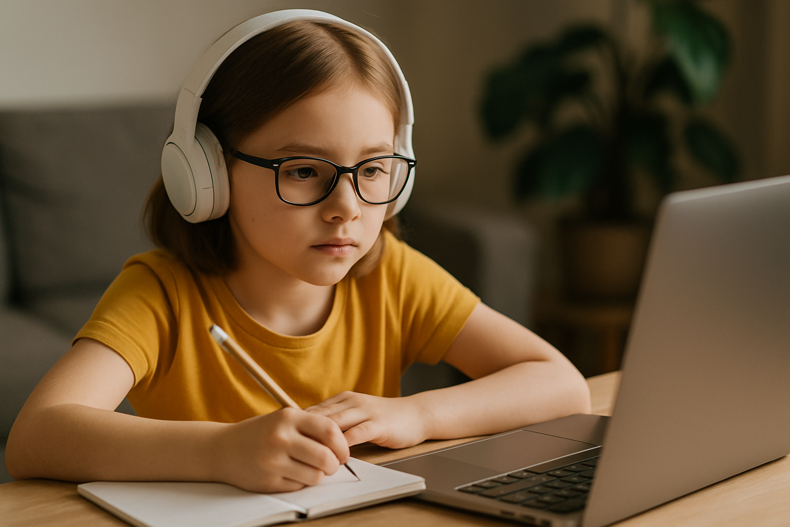 Młoda dziewczynka w słuchawkach, skupiona na nauce przy laptopie, pisząca w notatniku.