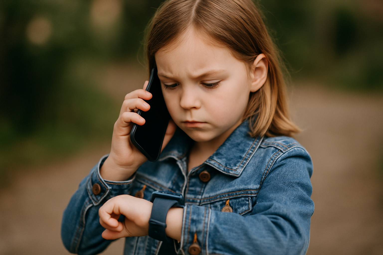 Dziewczynka w niebieskiej kurtce dżinsowej rozmawia przez telefon komórkowy, jednocześnie spoglądając na smartwatcha na swoim nadgarstku.