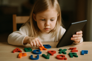 Dziecko bawi się kolorowymi literkami na stole, trzymając tablet. Skupiona dziewczynka w swetrze uczy się liter i rozwija umiejętności poznawcze.