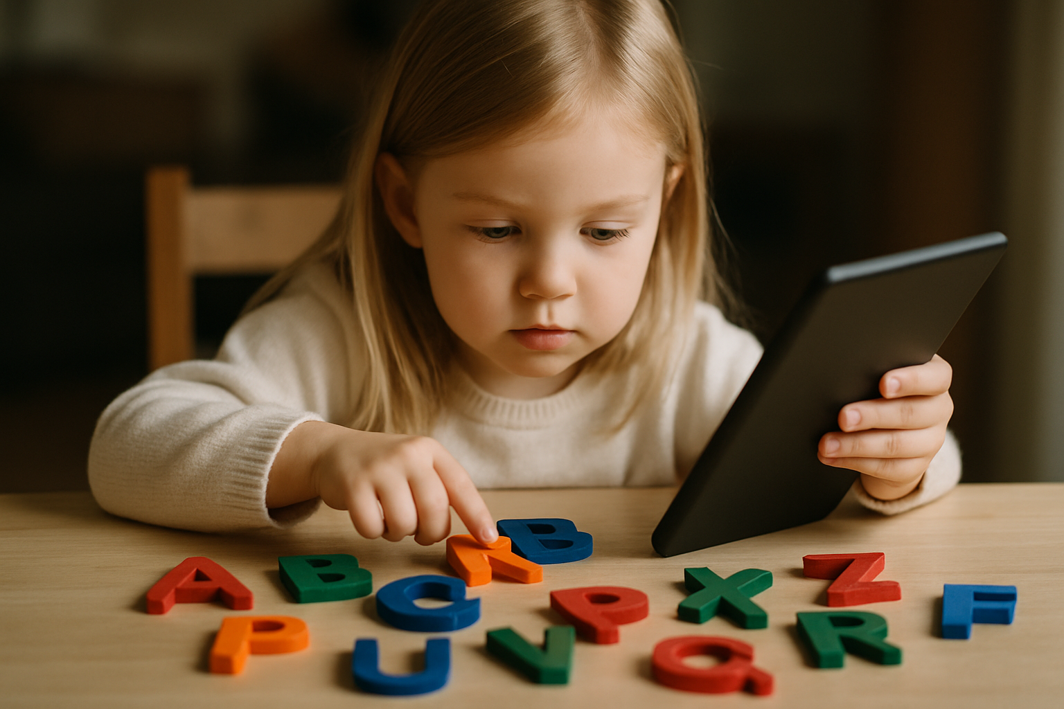 Dziecko bawi się kolorowymi literkami na stole, trzymając tablet. Skupiona dziewczynka w swetrze uczy się liter i rozwija umiejętności poznawcze.