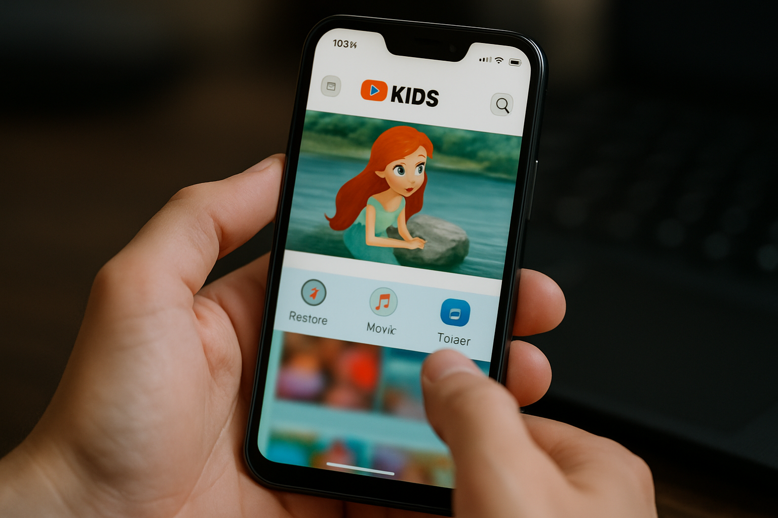 Smartfon trzymany w dłoni, wyświetlający aplikację YouTube Kids z animowaną postacią dziewczynki o czerwonych włosach siedzącą na kamieniu w wodzie. Na ekranie widoczne ikony funkcji takich jak "Restore", "Movie" i "Tojear".