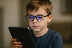 Chłopiec w okularach, skupiony na tablecie, w domowym wnętrzu.