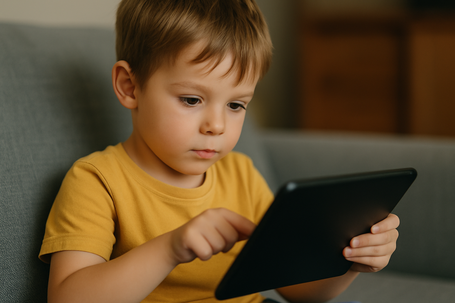 Chłopiec w żółtej koszulce siedzi na sofie, skupiony na tablecie.