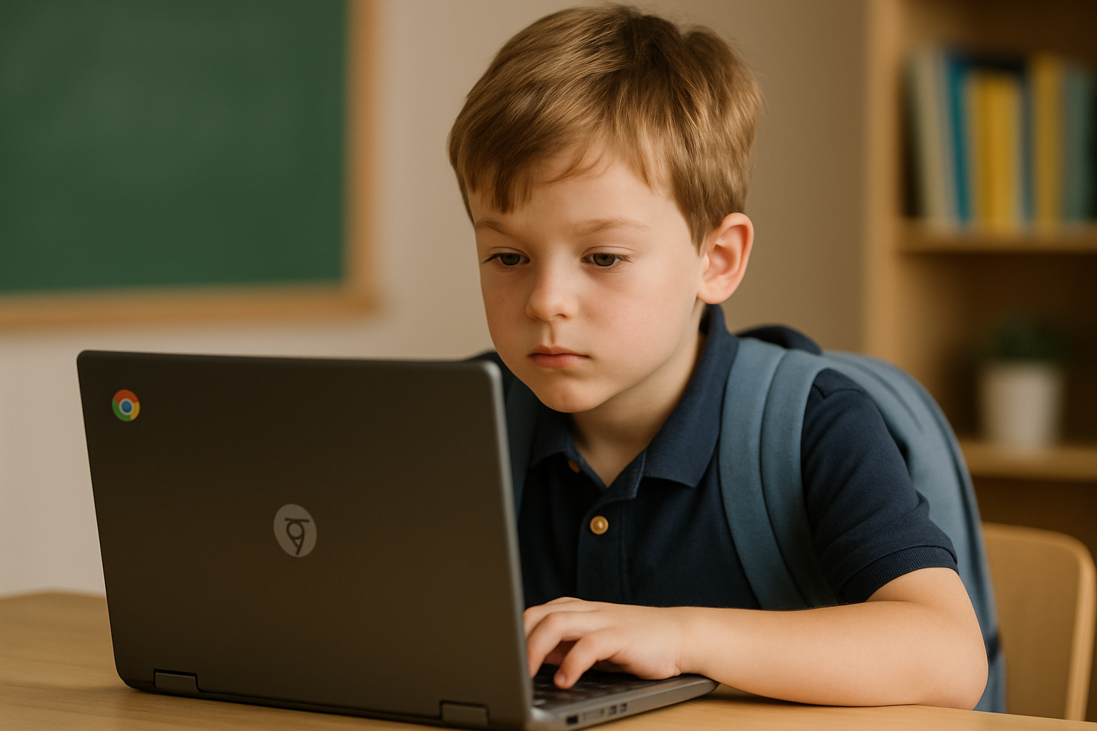 Chłopiec w niebieskiej koszulce, siedzący przy biurku, skupiony na laptopie w klasie. W tle widoczna tablica i półka z książkami.