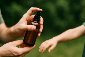 Rodzina trzyma butelkę z płynem w sprayu, a dziecko wyciąga rękę, aby ją dotknąć. Tło przedstawia zieloną, naturalną scenerię.
