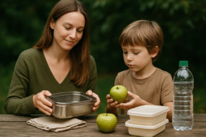 Matka i syn na świeżym powietrzu, przygotowujący zdrowe jedzenie. Na stole znajdują się zielone jabłka, plastikowa butelka wody oraz pojemniki na jedzenie.