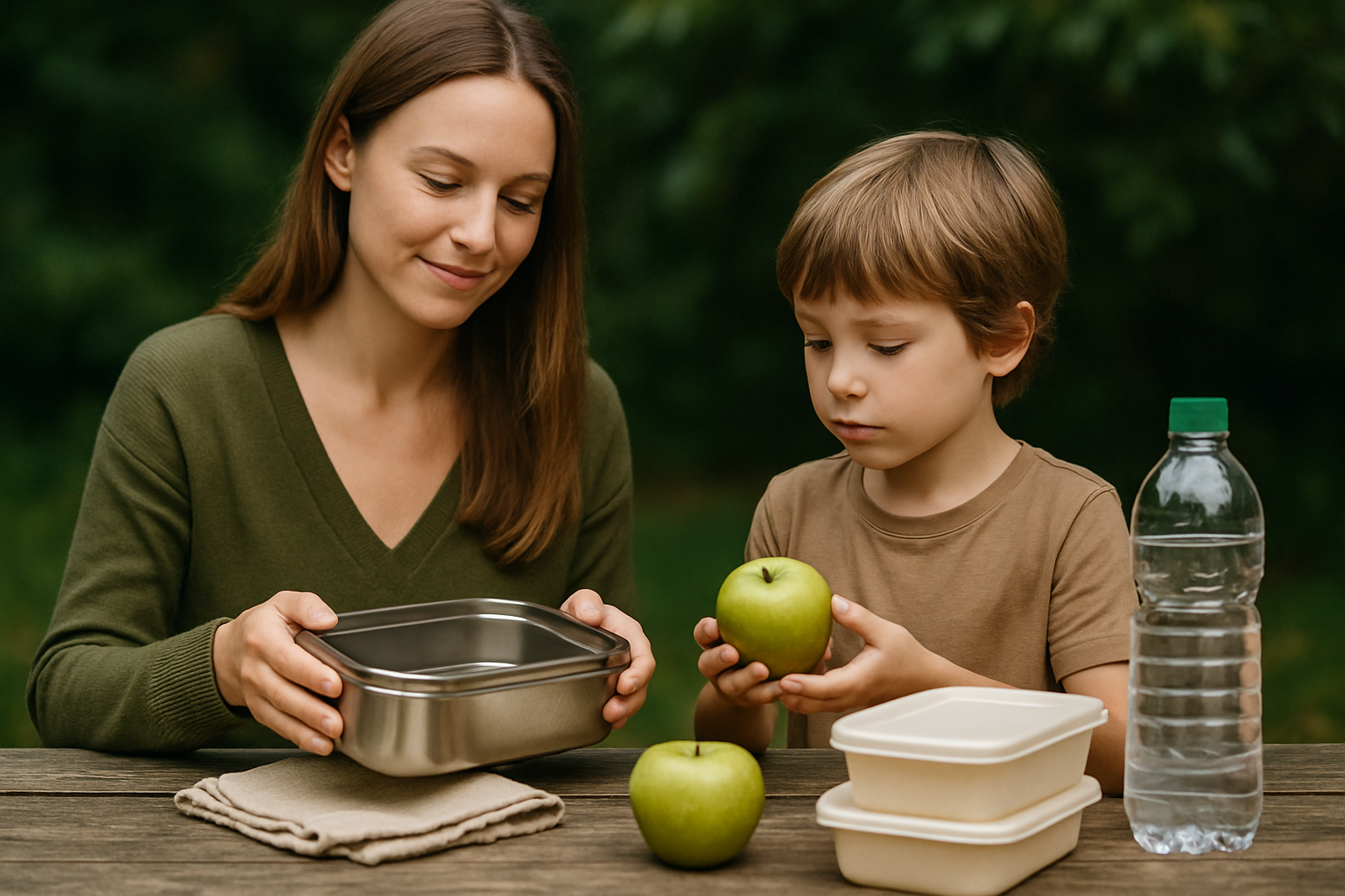 Matka i syn na świeżym powietrzu, przygotowujący zdrowe jedzenie. Na stole znajdują się zielone jabłka, plastikowa butelka wody oraz pojemniki na jedzenie.