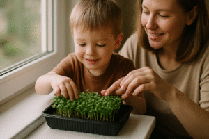 Matka z dzieckiem wspólnie sadzą kiełki w doniczce, siedząc przy oknie. Obaj uśmiechają się, a ich ręce delikatnie dotykają roślin. Scena ukazuje radość z uprawy roślin i spędzania czasu razem.