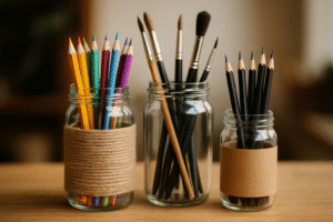Słoiki z przyborami do rysowania, w tym kolorowe ołówki, pędzle i czarne kredki, ustawione na drewnianym blacie.