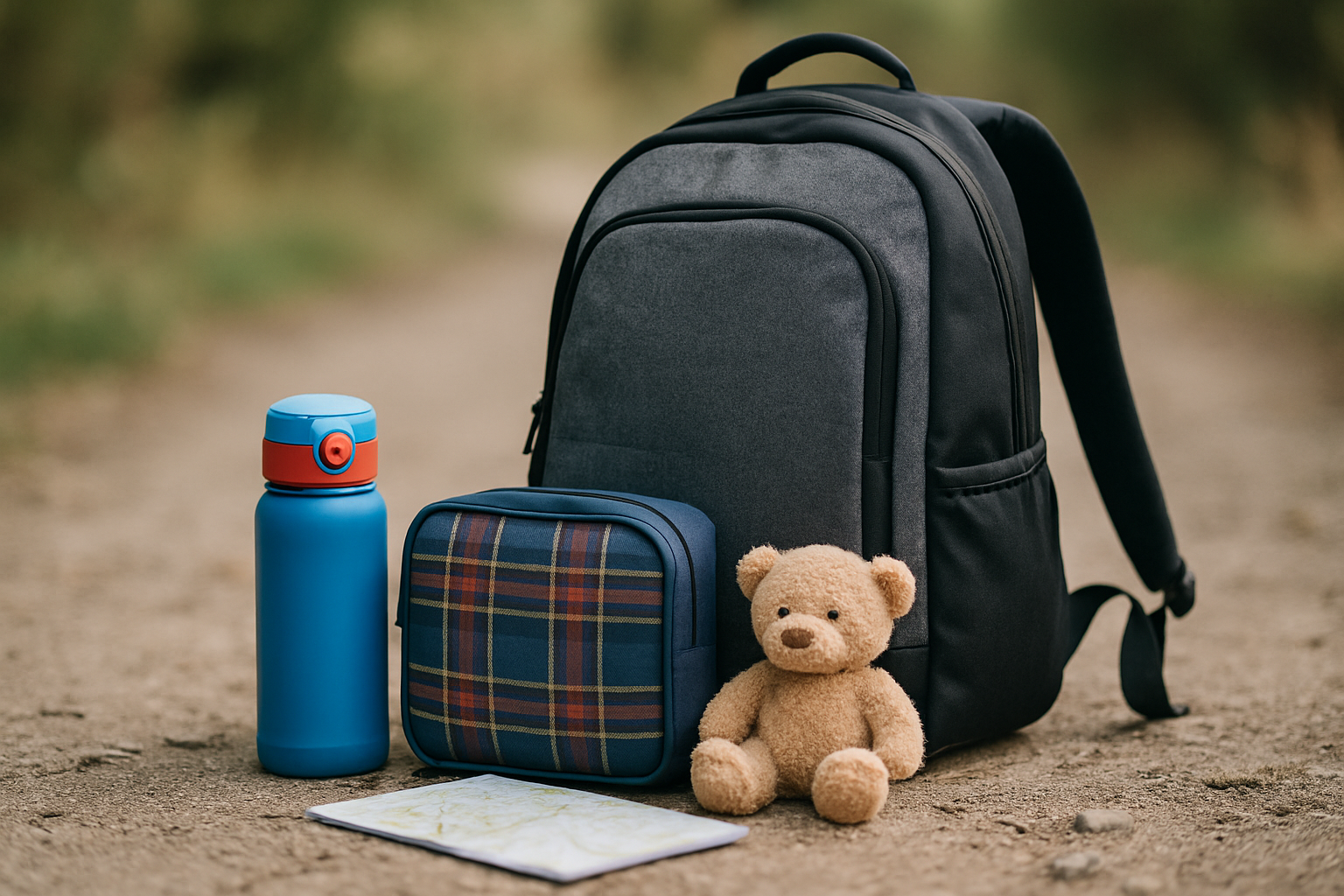 Plecak turystyczny obok butelki wody, torby na jedzenie i pluszowego misia, na leśnej ścieżce. Idealny zestaw na wycieczkę z dzieckiem.