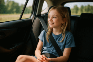 Dziewczynka w niebieskiej koszulce siedzi w samochodzie, uśmiechając się i patrząc przez okno na zielony krajobraz.