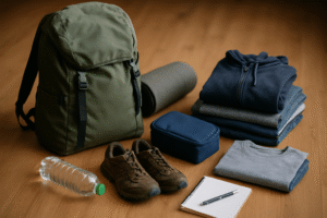 Plecak w kolorze zielonym, obok którego znajdują się ubrania w różnych odcieniach, mata do ćwiczeń, butelka wody, brązowe obuwie turystyczne oraz notatnik z długopisem. Idealne zestawienie do aktywności na świeżym powietrzu.