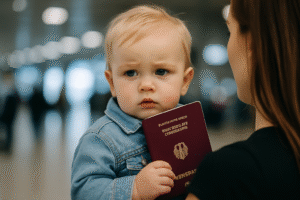 Małe dziecko trzymające paszport, patrzące z poważnym wyrazem twarzy, w tle widać zarys osób w hali lotniska.