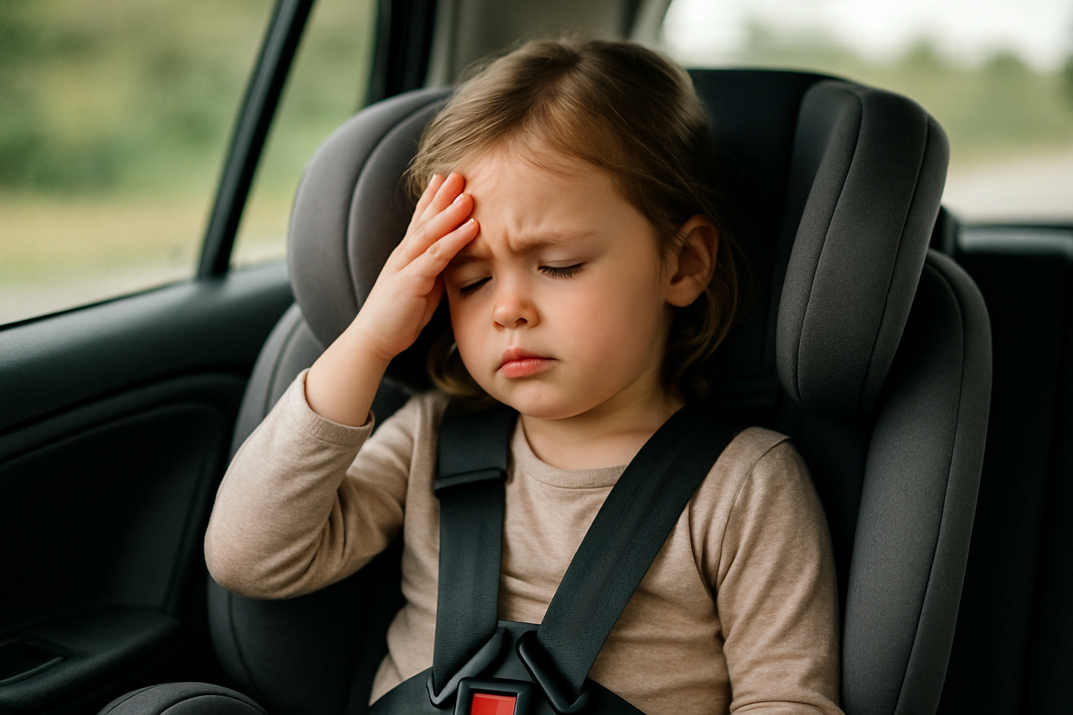 Mała dziewczynka w foteliku samochodowym z wyrazem cierpienia na twarzy, trzymająca się za czoło, co sugeruje ból głowy lub dyskomfort.